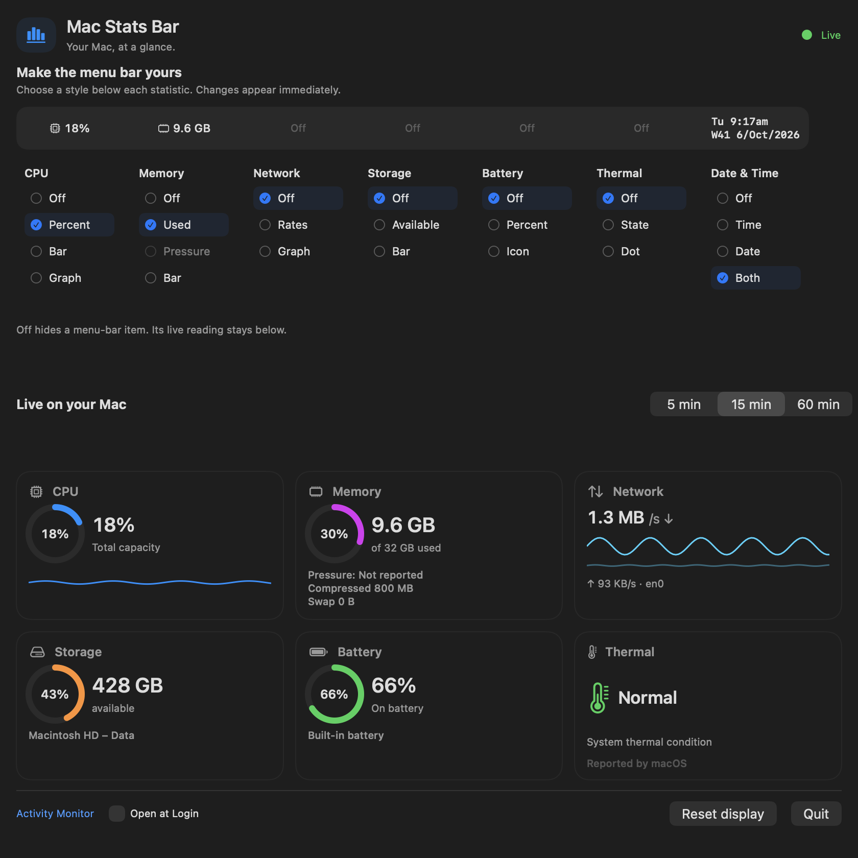 MacStatsBar native Mac app with CPU, memory, network, storage, battery and thermal readings